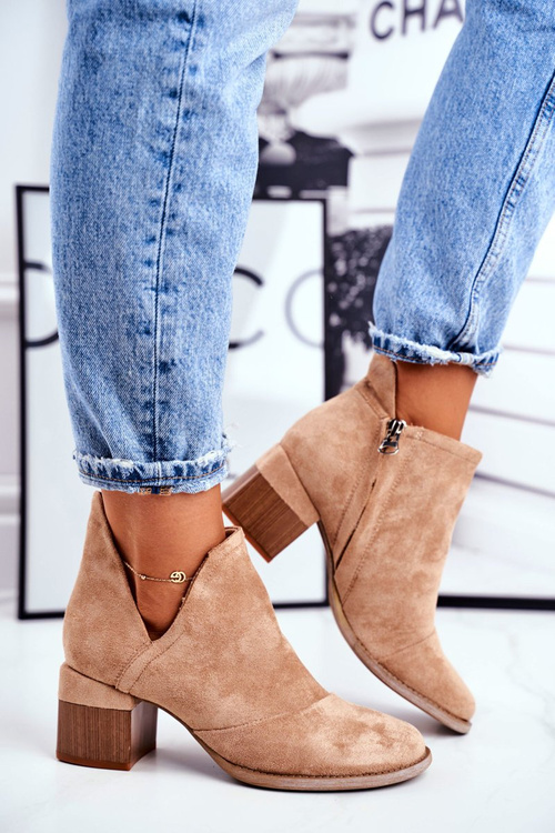 Damskie Botki Na Słupku Wycięte Khaki Mini Meliori