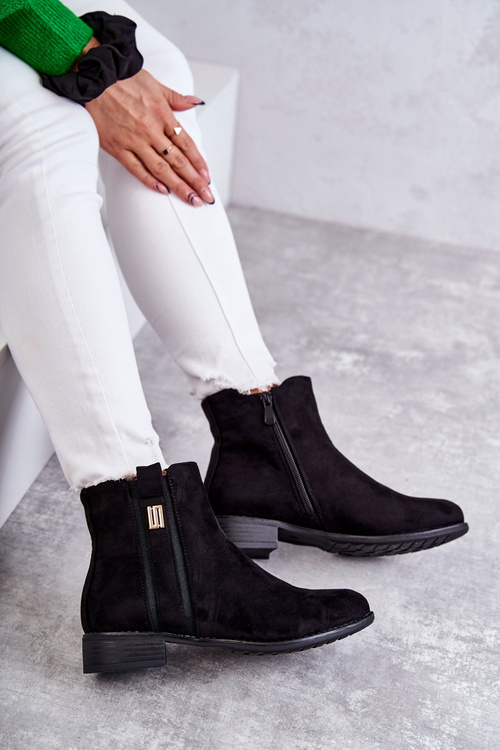 Damskie Zamszowe Botki Z Ozdobą Czarne Giana