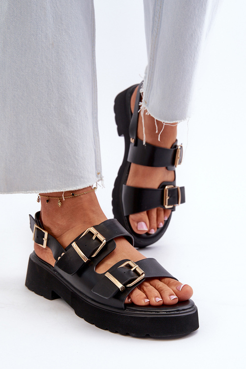 Sandały Damskie Z Klamrami Eko Skórzane Czarne Konanttia