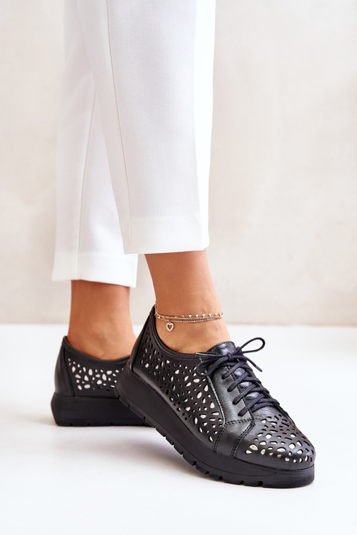 Zazoo 2973 Skórzane Półbuty Na Platformie Z Ażurowym Wzorem Czarne