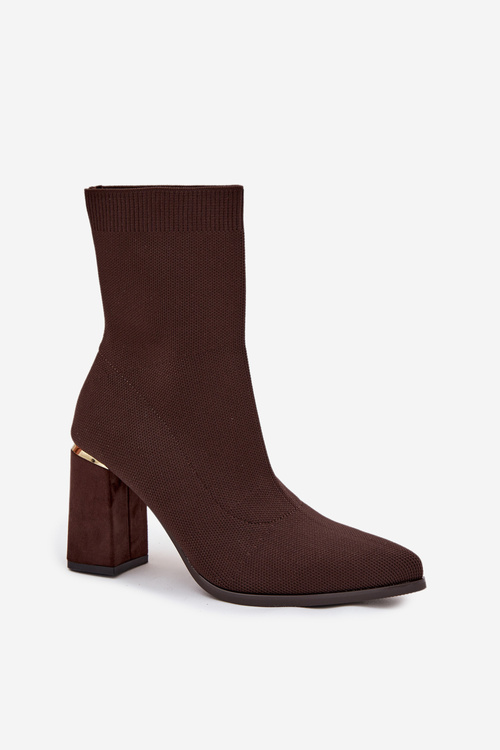 Materiałowe Wsuwane Botki Damskie Na Słupku Czekoladowe Virelle