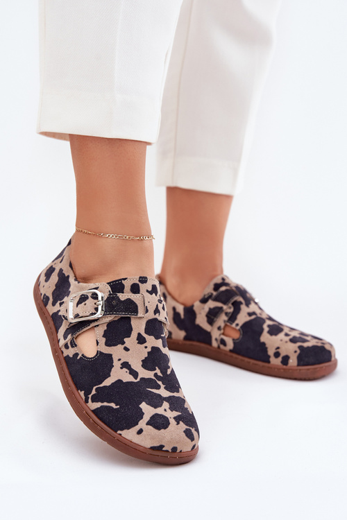 Zamszowe Półbuty Barefoot Damskie Z Klamrą Łaty Zazoo N1261 Brązowo-Beżowe