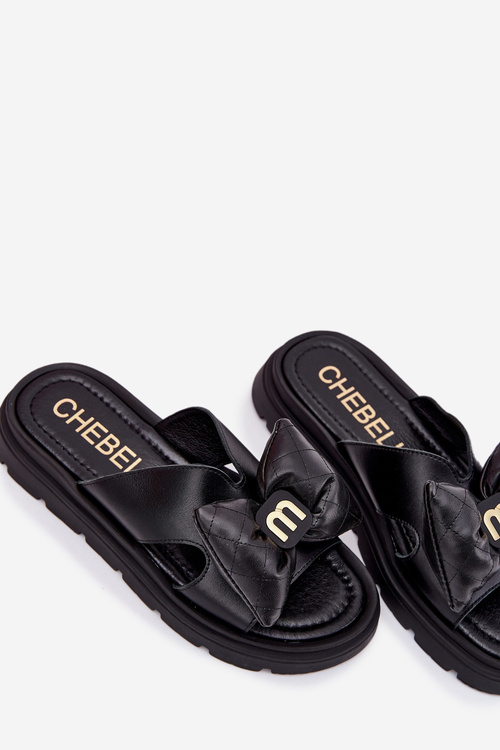 Skórzane Klapki Damskie Na Platformie Z Kokardą CheBello 4647 Czarne