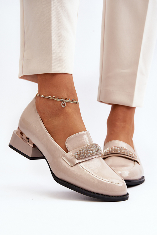 Damskie Półbuty Lakierowane Na Niskim Obcasie Beżowe Marilni