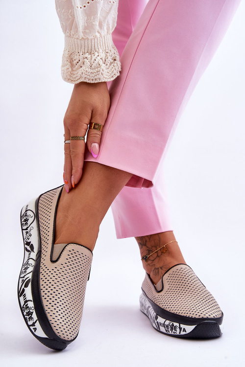 Damskie Ażurowe Skórzane Tenisówki Slip-On Beżowe Sorito