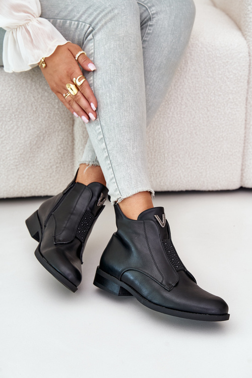 Niskie Botki Damskie Na Płaskim Obcasie Ocieplane Czarne S.Barski HY42-119 Czarne