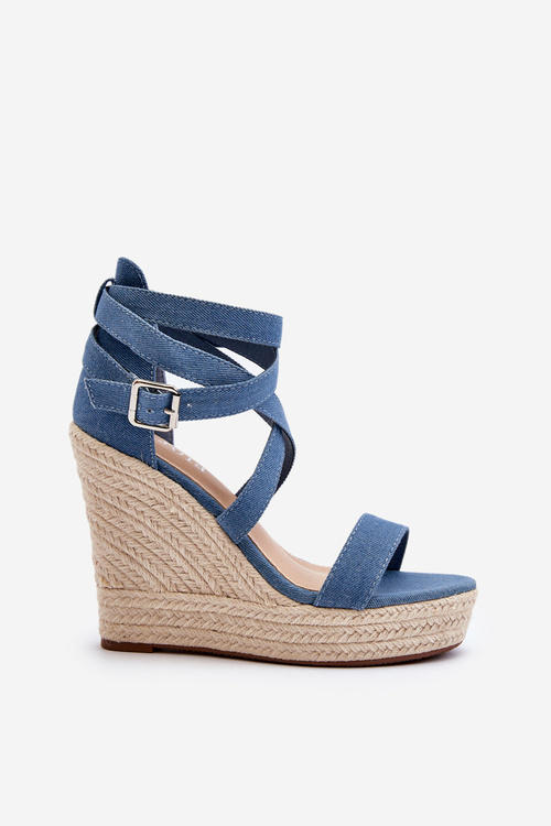 Jeansowe Sandały Na Koturnie Z Plecionką Niebieskie Salthe