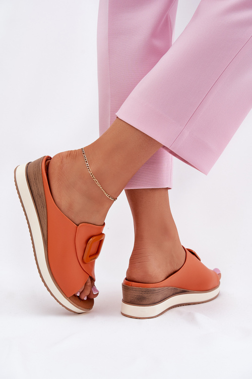 Klapki Damskie Skórzane Na Koturnie Artiker 56C2149 Pomarańczowe