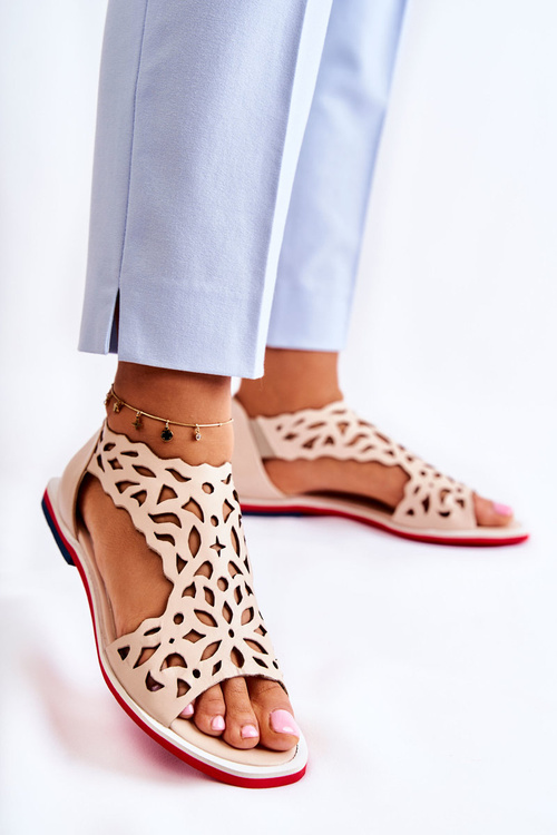 Skórzane Lekkie Ażurowe Sandały Beżowe Alima