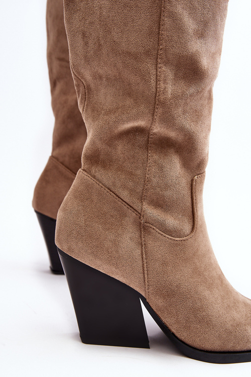 Modne Zamszowe Kozaki Kowbojki Beżowe Delia