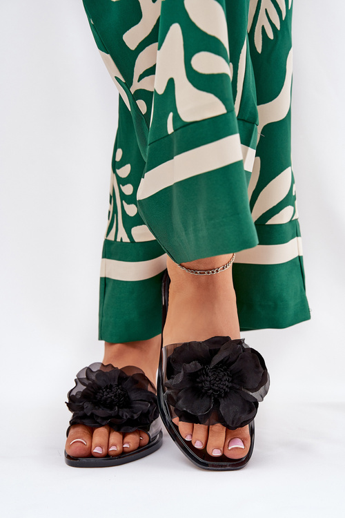 Transparentne Płaskie Klapki Damskie Ze Sztucznym Kwiatem Czarne Vobetta