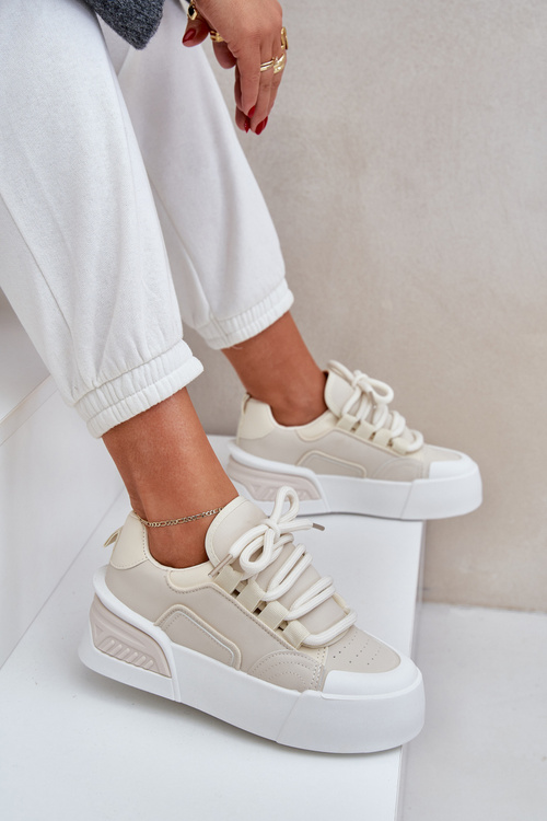 Sneakersy Damskie Z Grubymi Sznurówkami Na Platformie Beżowe Laloma