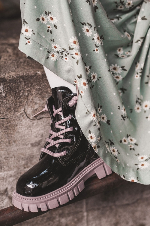 Lakierowane Ocieplane Botki Czarno-Fioletowe Heidi