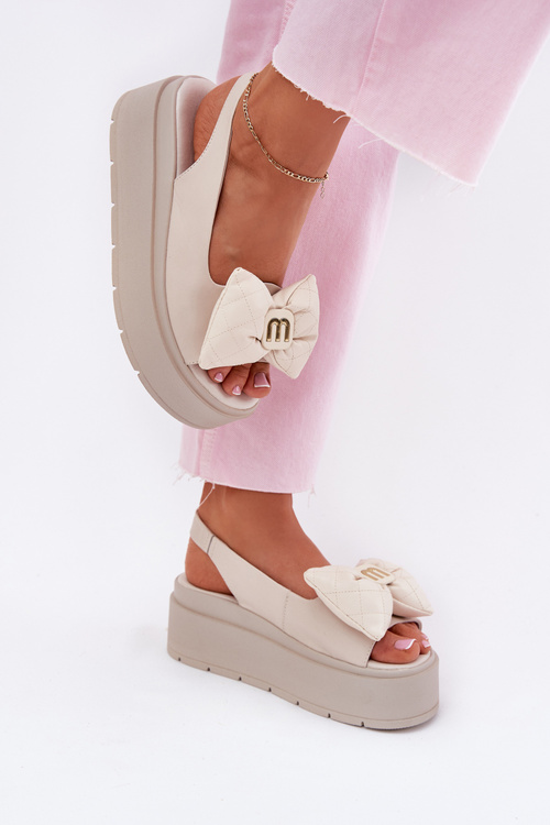 Skórzane Sandały Damskie Na Platformie Z Kokardą CheBello 4641 Beżowe