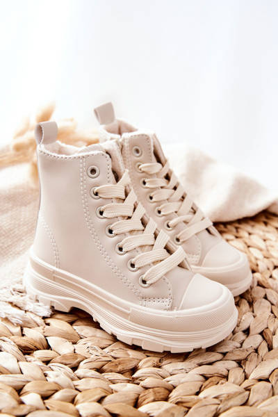 Dziecięce Skórzane Ocieplane Trampki Jasnobeżowe Bomi