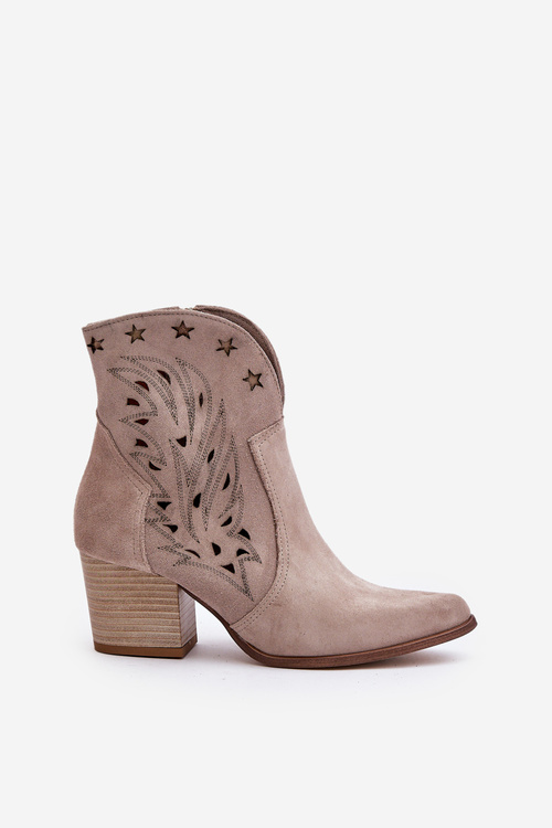 Ażurowe Botki Kowbojki Zamszowe Na Słupku Lewski 3613 Cappucino
