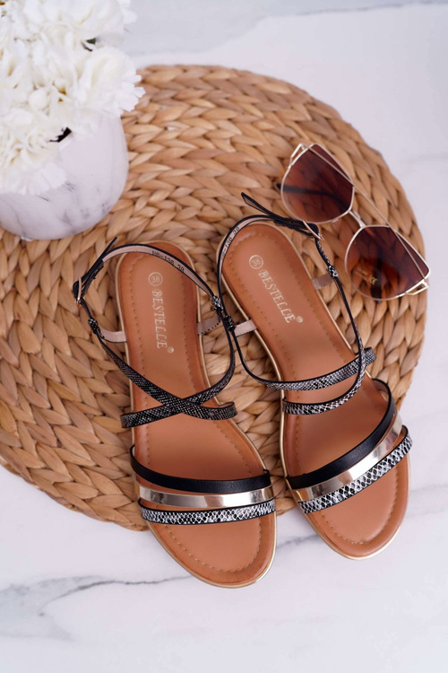 Sandały Damskie Płaskie Skóra Węża Czarne Dahira