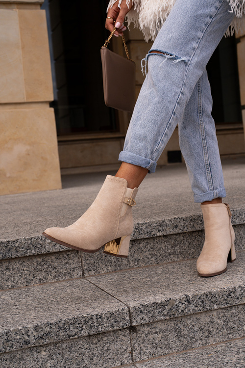 Botki Damskie Na Słupku Zapinane Na Zamek Eko Zamszowe Jasnobeżowe Bonucci