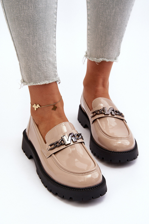 Mokasyny Lakierowane Damskie Na Płaskim Obcasie Beżowe Ezoma
