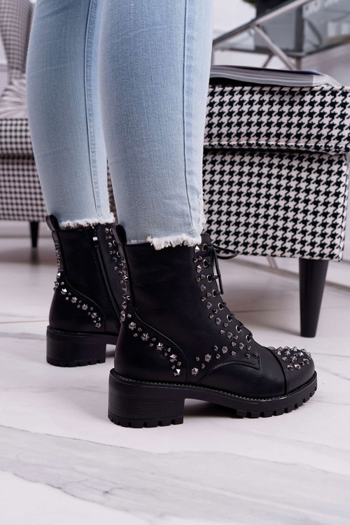 Damskie Botki Workery Z Dżetami Czarne Gether