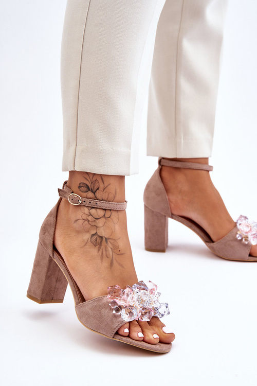 Eleganckie Sandały Z Kryształami Na Obcasie Ciemnobeżowe Cameron