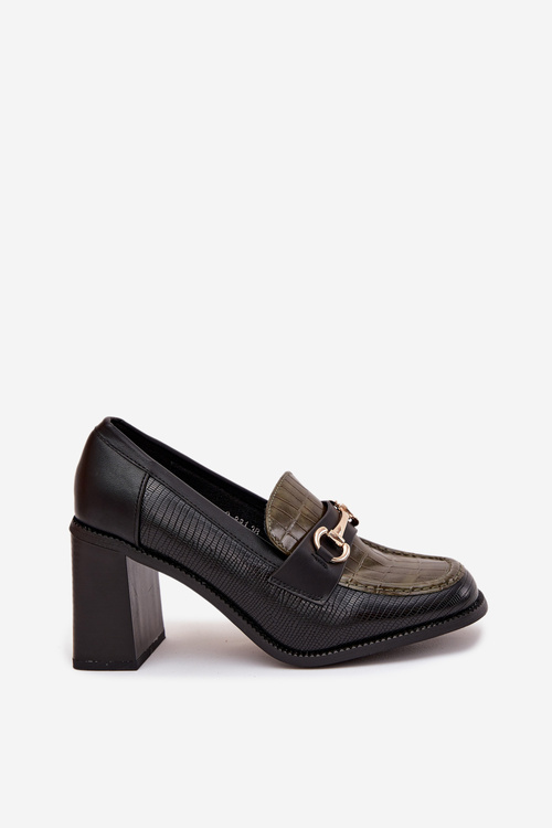 Półbuty Damskie Na Słupku Z Tłoczeniem I Złotym Detalem Zielono-Czarne Novella