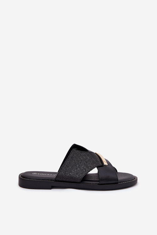 Damskie Klapki Na Płaskim Obcasie Z Ozdobnym Detalem Vinceza 17385 Czarne