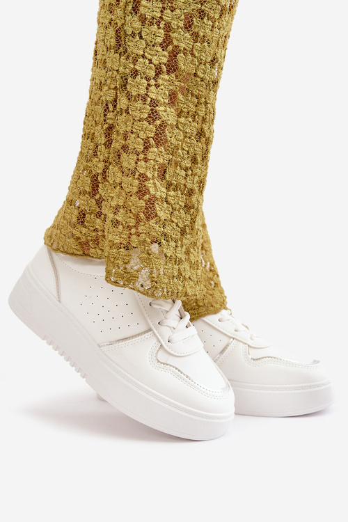 Sneakersy Damskie Na Platformie Z Ozdobnym Sznurowaniem Białe Mistra