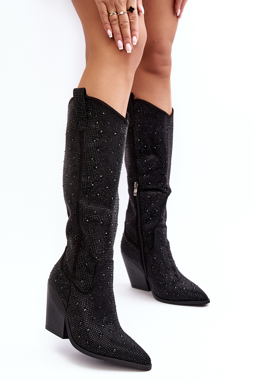 Zdobione Dżetami Kozaki Kowbojki Damskie Przed Kolano Czarne Poelstra