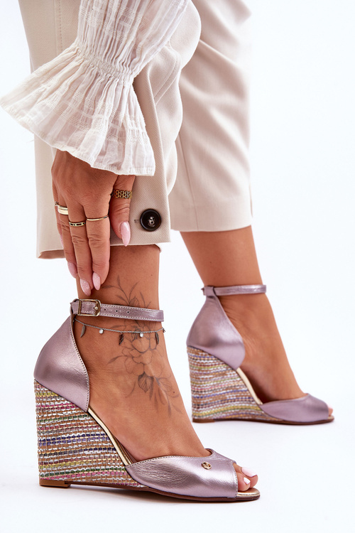 Skórzane Sandały Na Koturnie Laura Messi 2603/783 Srebrne