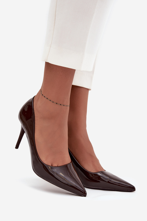 Lakierowane Eko Skórzane Szpilki Damskie Ze Szpiczastymi Noskami Czekoladowe Jadira