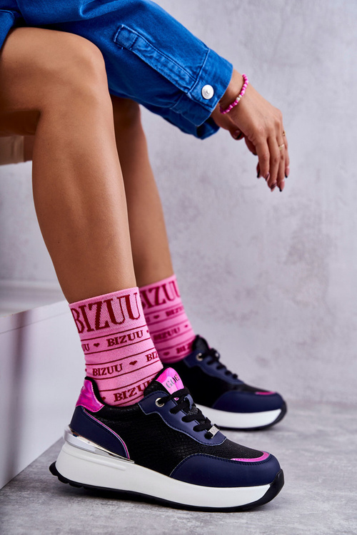 Damskie Buty Sportowe Na Koturnie GOE KK2N4081 Czarno-Granatowe