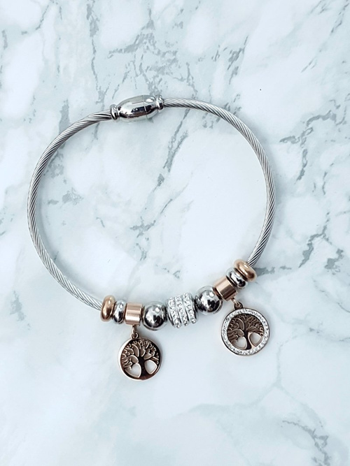 Damska Bransoleta Na Stalowej Lince Z Zawieszkami Różowe Złoto Charms