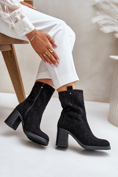 Botki Damskie Ocieplane Na Obcasie Słupku Eko Zamszowe Czarne Vellinga