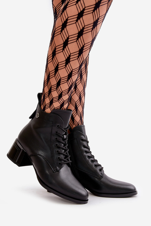 Sznurowane Botki Damskie Na Obcasie Ze Skóry Naturalnej Ocieplane Czarne Vinceza 91110