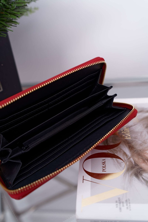 Portfel Damski Duży Czerwony Złoty Ozdobny Suwak