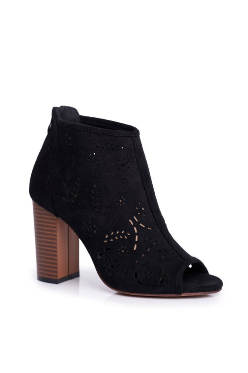 Botki Damskie Na Słupku Zamszowe Ażurowe Czarne Papillon