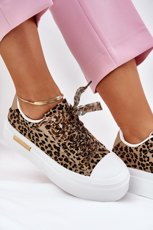 Trampki Damskie Na Masywnej Platformie Z Ozdobnym Sznurowaniem Zebra Czarno-Beżowe Zidora