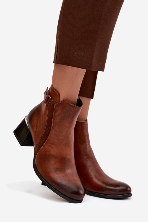 Skórzane Botki Damskie Na Obcasie Ocieplane Zazoo 60563 Brązowe