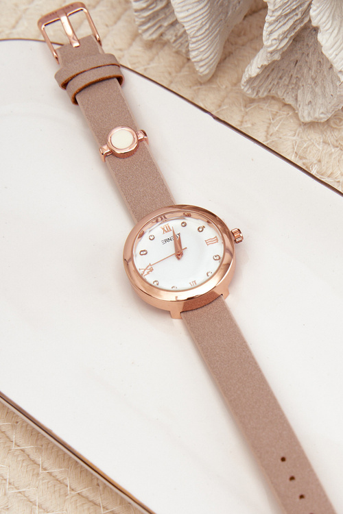 Zegarek Damski Na Cienkim Eko Skórzanym Pasku Beżowy Ernest E62146