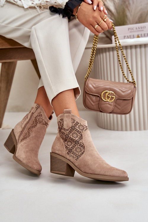 Ażurowe Botki Kowbojki Na Zamek Eko Zamszowe Beżowe S.Barski HY42-944