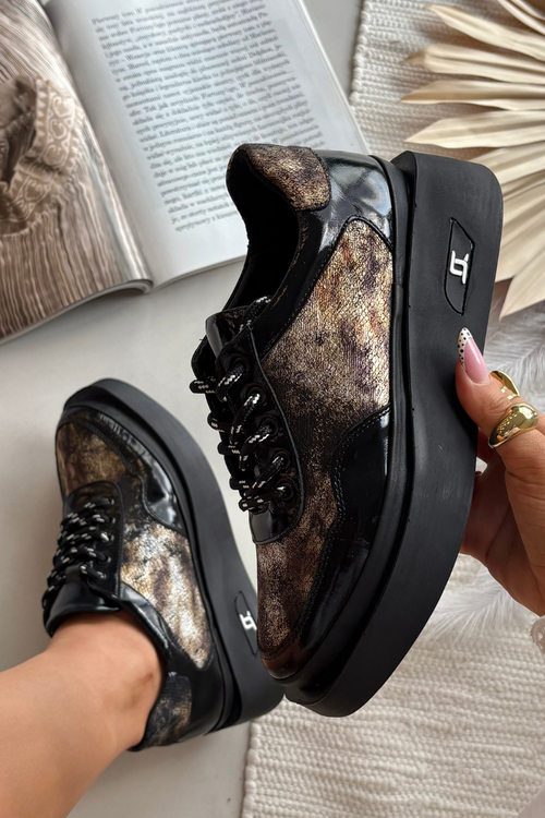 Skórzane Sznurowane Półbuty Damskie Na Platformie Artiker 57C2042 Czarno-Złote