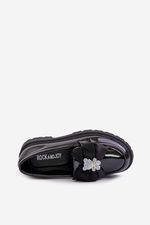 Lakierowane Mokasyny Dziewczęce Z Kokardą Eko Skórzane Czarne Avallesa