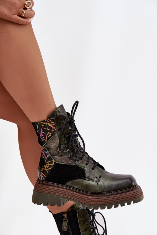 Skórzane Botki Damskie Na Platformie Maciejka 07104-09 Ciemnozielone