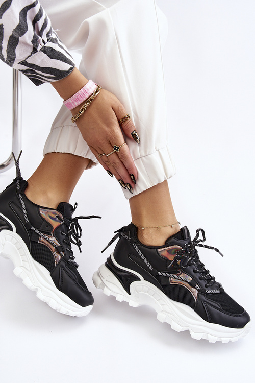 Damskie Buty Sportowe Sznurowane Na Platformie Czarne Minea