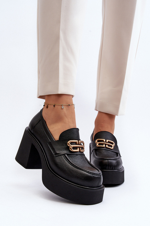 Zazoo 20170 Półbuty Skórzane Damskie Na Słupku Czarne