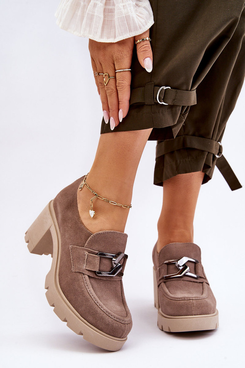 Eleganckie Półbuty Na Słupku Z Ciemnosrebrną Ozdobą Beżowe Lemar Harmell