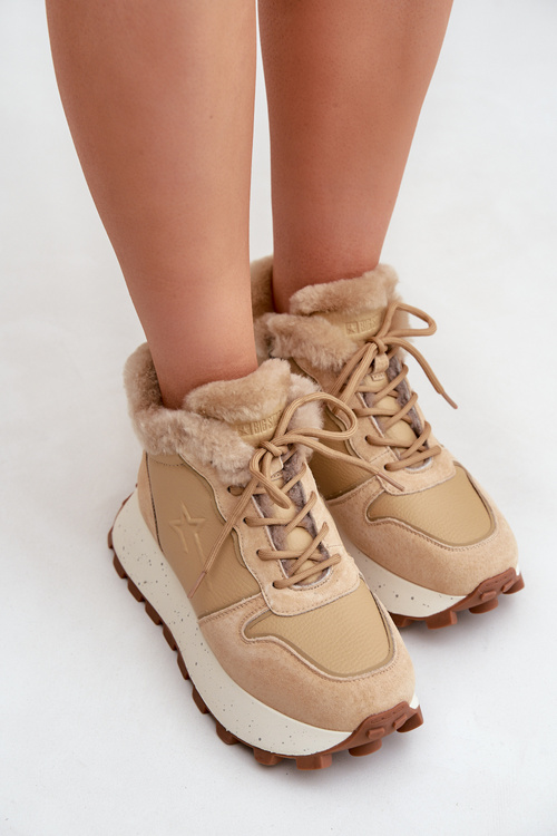 Skórzane Sneakersy Trapery Damskie Z Futerkiem Na Platformie Big Star OO274A330 Beżowe