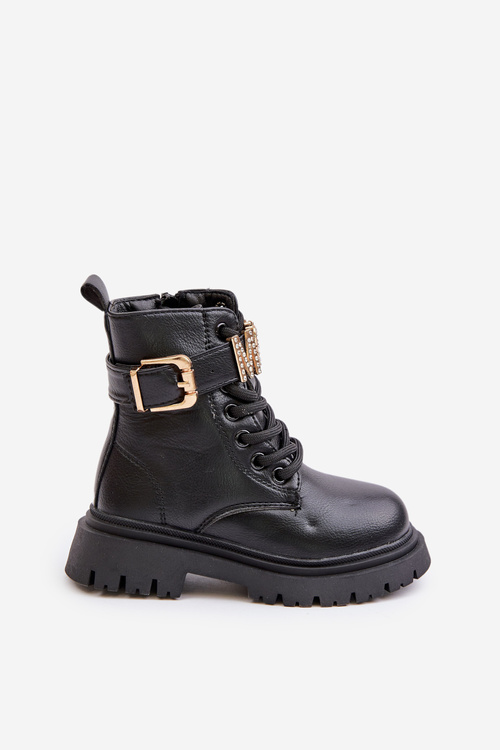 Botki Dziewczęce Eko Skórzane Ocieplane Z Ozdobnym Paskiem Czarne Gilian