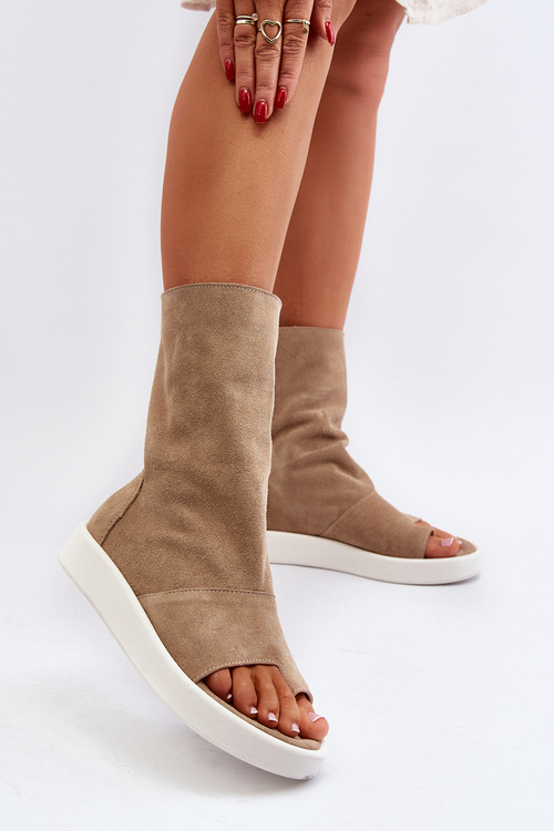 Zazoo 3441 Sandały Damskie Zamszowe Z Cholewka Ciemnobeżowe